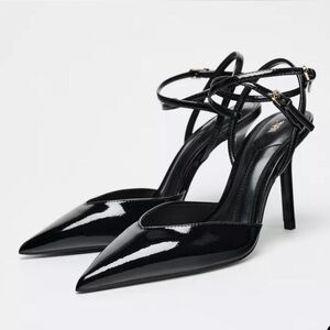 Zara Glossy Black Strappy Heels
